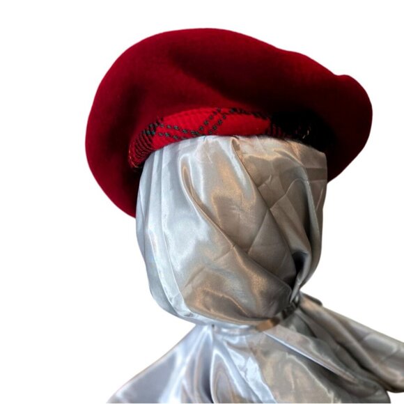 Beret Red Berry Wool Plaid Trim Sz 7/M Preston & York Scottish Plaid Celtic - Picture 1 of 9